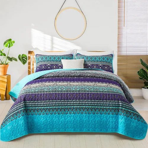 Vista 16 de WONGS BEDDING Juego de edredón bohemio tamaño individual, juego de ropa de cama azul bohemio individual, colcha de microfibra ligera con funda