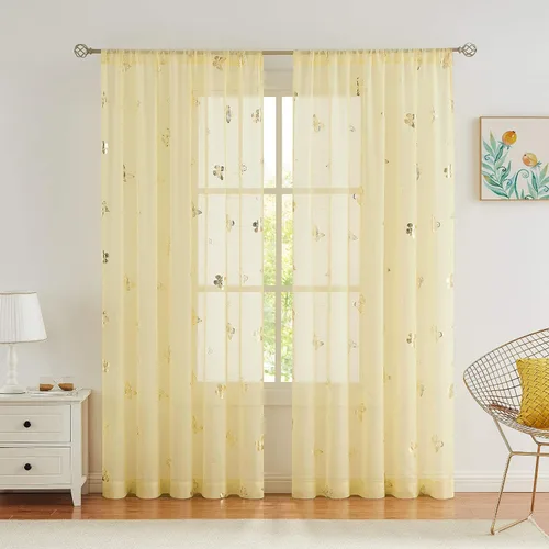 Vista 20 de Jubilantex Paneles de cortinas transparentes de mariposas negras y doradas de 52 pulgadas de ancho para dormitorio de niñas, elegantes cortinas