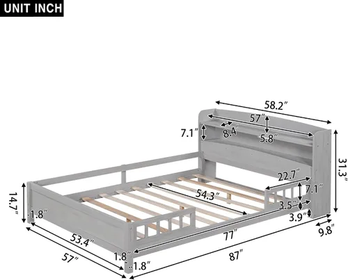 Vista 2 de Harper & Bright Designs Cama de plataforma de tamaño matrimonial con cabecera de almacenamiento, luz LED integrada y barandilla, marco de cama