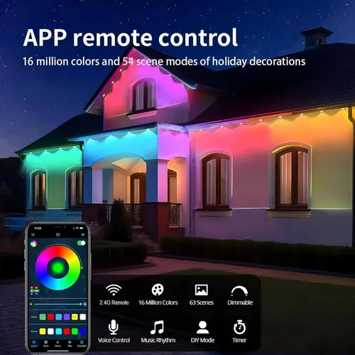 Vista 4 de Luces Permanentes para Exteriores Pro, 50 pies de luces LED RGB-IC para aleros, IP67 impermeables con aplicación inteligente y control remoto