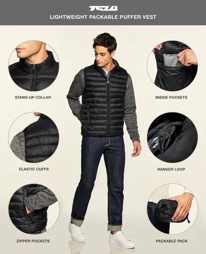 Vista 3 de TSLA Chaleco acolchado ligero y plegable para hombre chalecos impermeables para invierno al aire libre