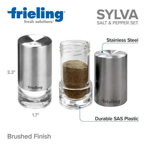 Vista 2 de Frieling USA Sylva - Salero o pimentero acrílico, 3.3 x 1.7 pulgadas, transparente/acero inoxidable