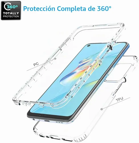 Vista 3 de Funda para teléfono para Oppo A54 4G, CPH2239 con protector de pantalla de vidrio templado, carcasa protectora de cuerpo completo transparente