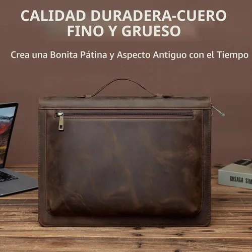 Vista 4 de YIWEN Leather Portfolio with Handle, Zippered Front Pocket and Clip Caqui oscuro