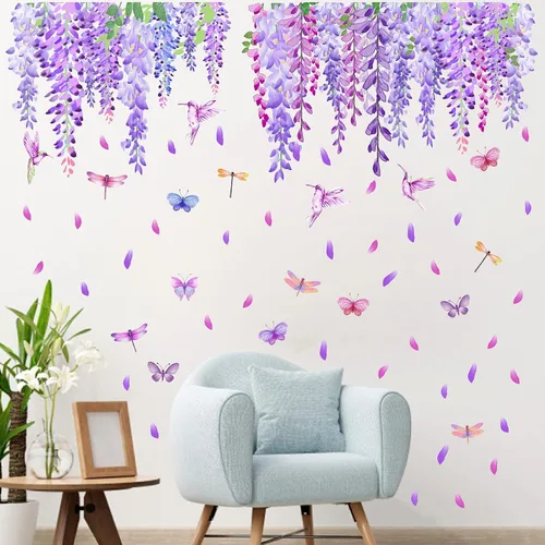 Vista 9 de Calcomanías de pared de flores moradas de acuarela, calcomanías de ventana