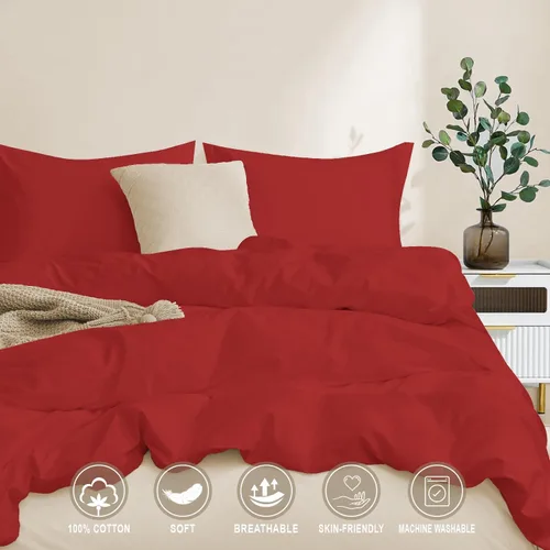 Vista 4 de Juego de funda de edredón 100% algodón, cierre de cremallera oculto, ultra suave, fácil de cuidar y duradero, estilo de cama simple, Queen, rojo