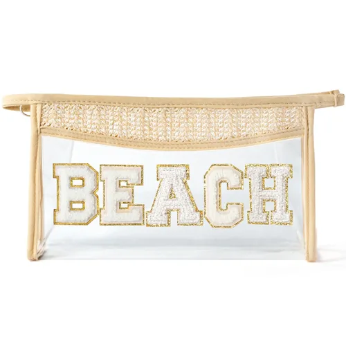 Vista 8 de Bolsa de cosméticos con parches bohemios, bolsa de maquillaje para verano, playa, piscina, neceser de maquillaje, beige, transparente, impermeable