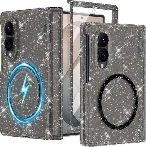 Vista 21 de Btscase Funda para Samsung Galaxy Z Fold 5, protector de pantalla frontal integrado, patrón de mármol dorado con purpurina de policarbonato duro