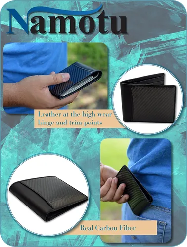 Vista 4 de Namotu Cartera de fibra de carbono real con tecnología de bloqueo RFID, cuero en bisagras y moldura ventana de identificación para hombre delgado