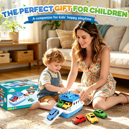 Vista 8 de FUN LITTLE TOYS Barco de juguete para baño para niños pequeños con 4 juguetes de mini autos, juguetes de agua para niños, barco de ferry