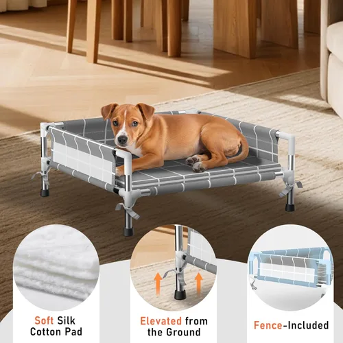 Vista 4 de Cama elevada para perros con valla de tres lados y cojín extraíble, patas antideslizantes, diseño estable, fácil montaje, relajación en interiores