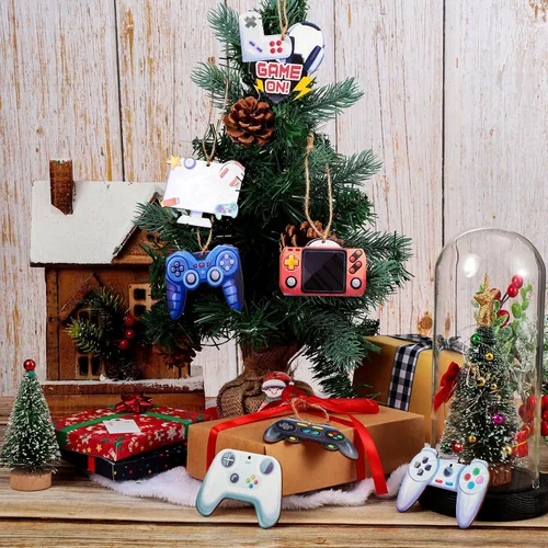 Vista 3 de Kathfly 27 piezas de adornos de videojuegos navideños para árbol de Navidad, controlador de sistema de madera, etiqueta colgante para fiesta
