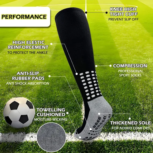 Vista 4 de Vegove Calcetines de fútbol acolchados para hombre con agarre antideslizantes calcetines deportivos hasta la rodilla base de compresión de fútbol