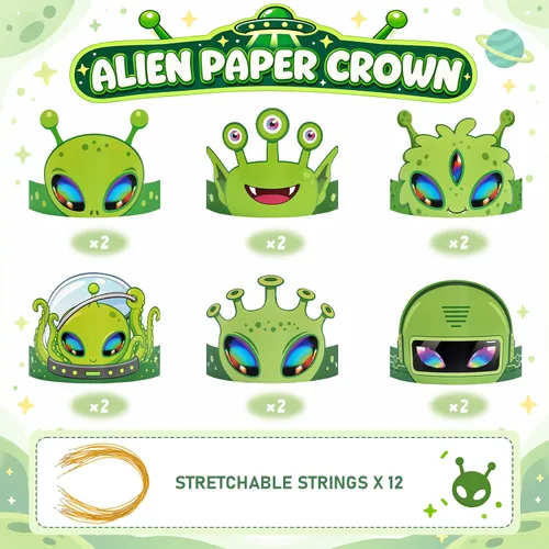 Vista 2 de WERNNSAI 12 coronas de fiesta de cumpleaños para niños, coronas de papel Alien