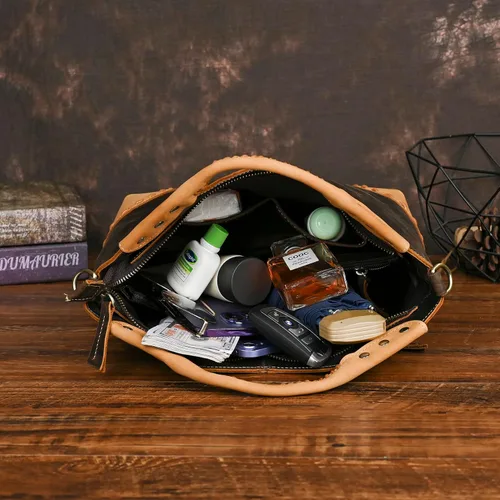 Vista 7 de Bolso cruzado de cuero genuino de caballo loco grueso bolso de hombro con asa superior para las mujeres 6640