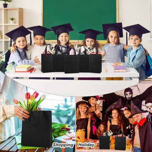 Vista 6 de Woanger Paquete de 48 bolsas de regalo con purpurina con asa, reutilizables, no tejidas, con purpurina para bodas, cumpleaños, despedidas de Negro
