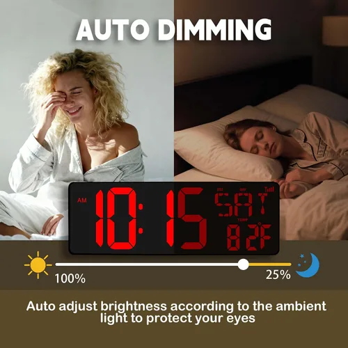 Vista 5 de Reloj de pared digital con pantalla grande: reloj digital LED de 16.5 pulgadas con control remoto, fecha, semana, DST automático, brillo ajustable