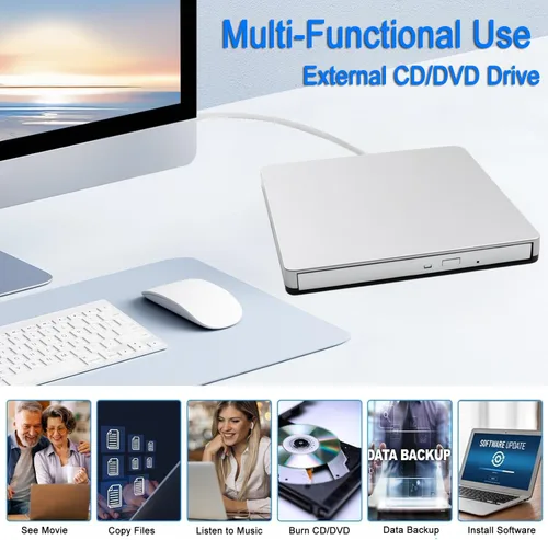 Vista 3 de Unidad externa de CD DVD tipo C USB 3.0 portátil CD DVD Burner/Writer Unidad de disco óptico lector para MacBook Pro Air iMac Laptop PC