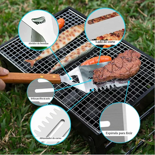 Vista 4 de IMAGE - Juego de 4 accesorios de madera para barbacoa, de acero inoxidable, utensilios para asar al aire libre, cocinar, barbacoa en el patio