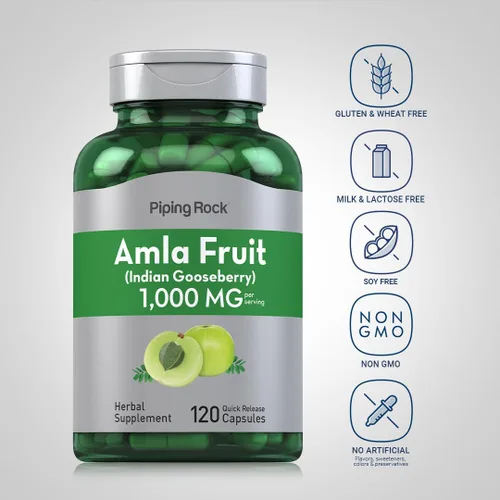 Vista 3 de Piping Rock Amla Cápsulas 1000mg 120 pastillas Suplemento de extracto de fruta Sin OMG, sin gluten