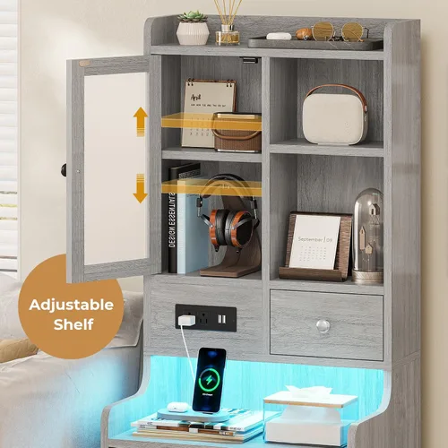 Vista 5 de ADORNEVE - Mesita de noche alta con estación de carga y luces LED, mesita de noche de 49.2" con estantería, estante ajustable con puerta de vidrio