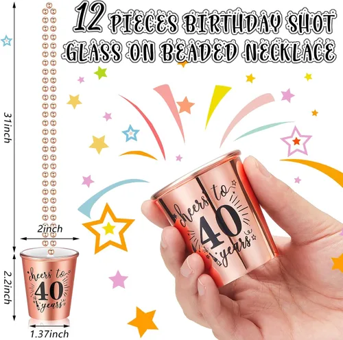 Vista 2 de Uiifan 12 piezas de 40º 50º 60º collar de vasos de chupito de cumpleaños de plástico con cuentas para fiesta de cumpleaños, suministros
