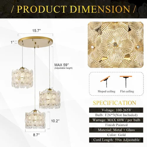 Vista 3 de Lámpara colgante de cristal de flor transparente con 3 luces de oro Dorado