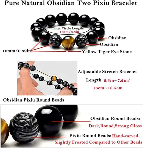 Vista 2 de Pulsera de obsidiana negra, pulsera de obsidiana negra Feng Shui para mujeres, hombres y parejas, hecha a mano con piedra tallada de ojo de tigre