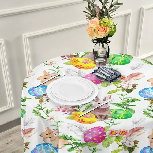 Vista 3 de senya Manteles de Pascua, huevos de conejo de Pascua en flores de hierba, mantel decorativo para mesa circular, comedor, decorativo para vacaciones
