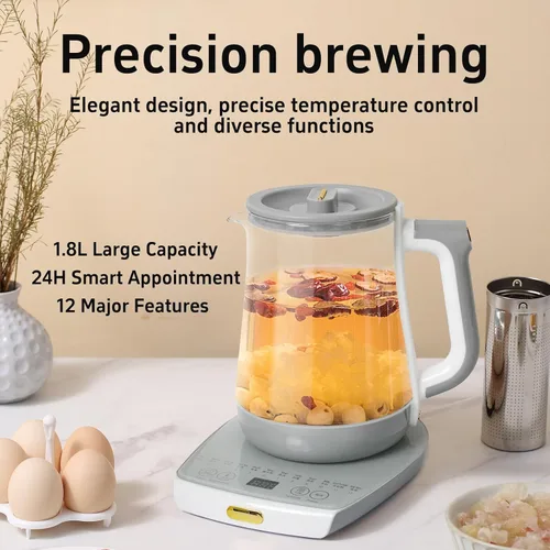 Vista 3 de Olla de salud, oficina, hogar, hervidor eléctrico con infusor, control de temperatura, 12 procedimientos funcionales para frutas, té y café