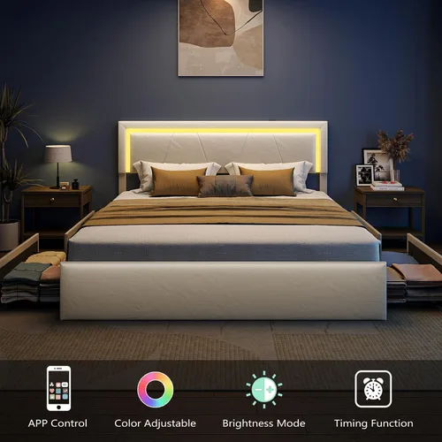 Vista 3 de Base de cama Queen con cabecera ajustable, plataforma tapizada con luces LED RGB, 4 cajones de almacenamiento y estación de carga (1 USB 1 tipo C)