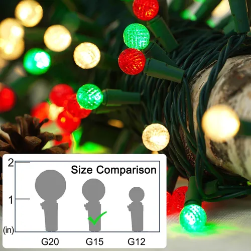 Vista 3 de BOHON - Luces de Navidad rojas, blancas y verdes, facetadas, G15, 50 LED, enchufe de 17 pies