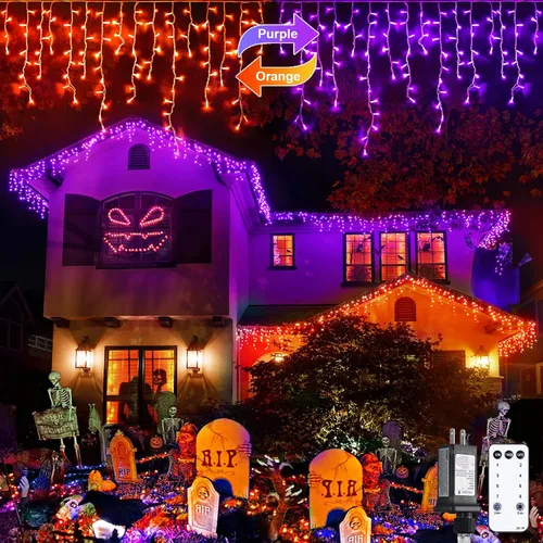 Vista 13 de JMEXSUSS 400 luces LED de Navidad de carámbano de 38.8 pies con control remoto, tira de luces multicolor para exteriores enchufables, 8 modos