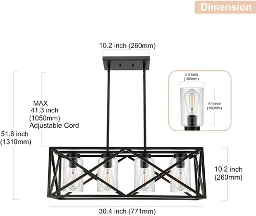 Vista 4 de Lámpara de araña negra para comedor con 4 luces, con cristal semillado, base E26