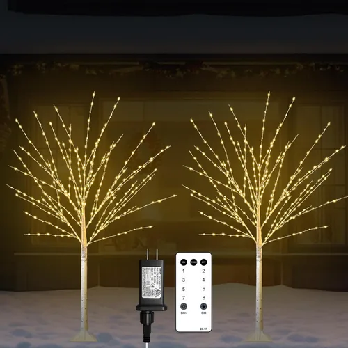 Vista 9 de Árbol de abedul iluminado de 4 pies con 400 luces LED de color blanco cálido, 8 modos, temporizador remoto de árbol de Navidad, árbol de Navidad