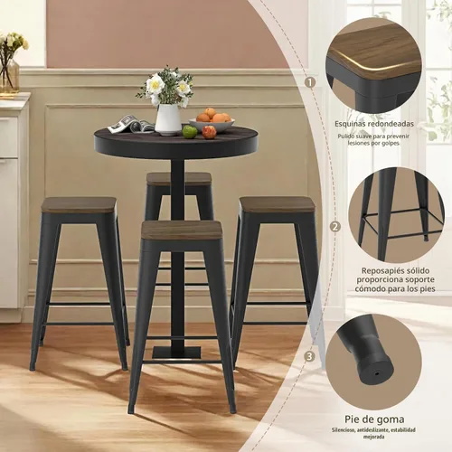 Vista 3 de Juego de 4 taburetes de bar sin respaldo de 24 pulgadas, taburetes de bar de metal para interiores con asiento de madera, taburetes de bar Negro