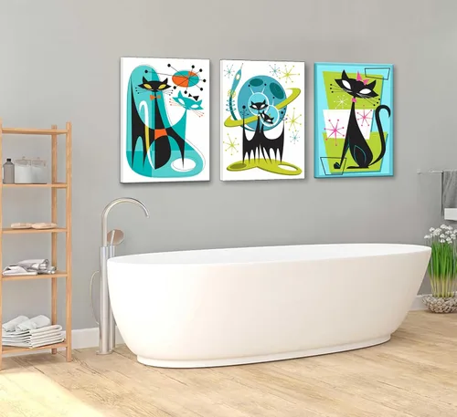 Vista 6 de 3 piezas de arte de pared enmarcado de gatos atómicos, conjunto de pinturas abstractas de futurismo retro de mediados de siglo, azul verde naranja