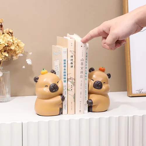 Vista 5 de Lindos sujetalibros decorativos de capibara que se abrazan, extremos únicos de libros con temática animal para sostener libros, soporte creativo
