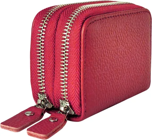 Vista 7 de Cartera de cuero para mujer, con doble tarjeta, tarjetero con cremallera, múltiples compartimentos, bloqueo RFID C-W-1, Rosado, Talla única