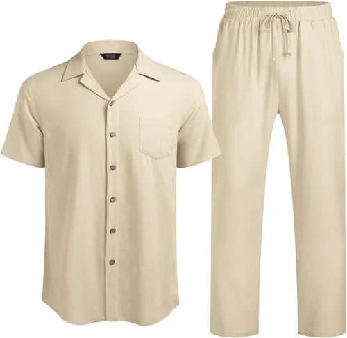 Vista 2 de COOFANDY Conjunto de ropa de lino de 2 piezas para hombre camisa con botones y pantalones sueltos