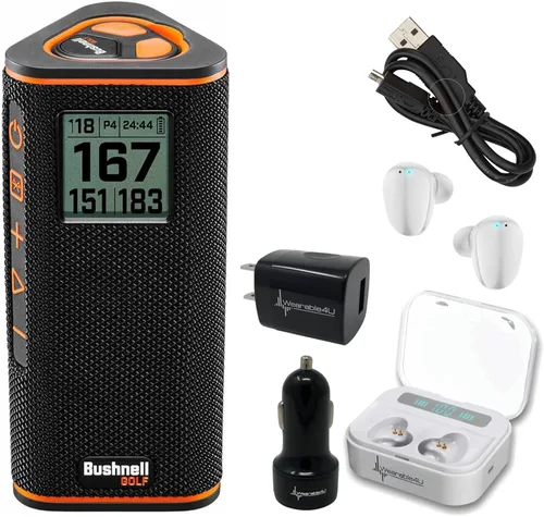 Vista 5 de Altavoz Bluetooth Bushnell Wingman View Golf GPS con auriculares Ultimate Black y paquete de cargadores de pared y coche