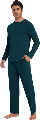 Vista 16 de WiWi Conjunto de pijama de viscosa de bambú para hombre, ropa de dormir de manga larga, ropa de dormir de punto, 2 piezas, conjuntos de ropa