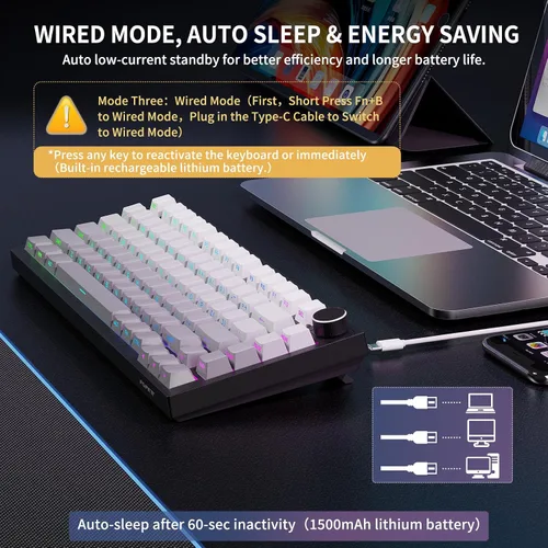 Vista 4 de FOPETT Teclado mecánico inalámbrico recargable retroiluminación ajustable tres modos con cable /2.4G/Bluetooth grabado lateral