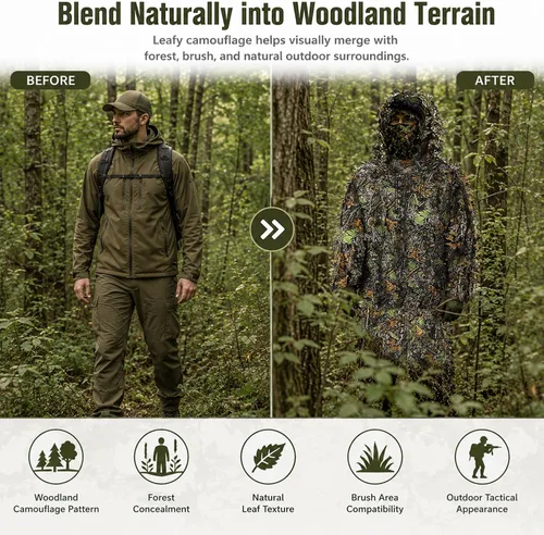 Vista 7 de Traje Ghillie, traje de camuflaje frondoso 3D, ropa de camuflaje de caza, ropa de bosque para caza, Airsoft, fotografía de vida silvestre