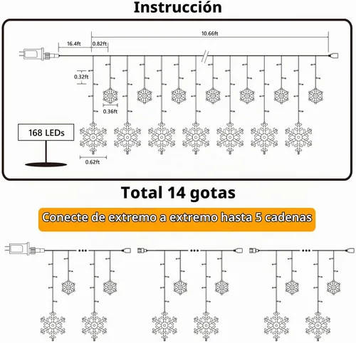 Vista 5 de Luces de Copo de Nieve de Navidad, 10.66 pies, 168 Luces LED de Carámbanos para Exteriores con 14 Gotas, 8 Modos Impermeables Conectables