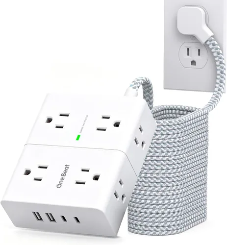Vista 14 de One Beat Regleta protectora de sobretensiones, cable de extensión plano ultrafino de 6 pies con 8 tomas, 4 puertos USB (2 USB C), regleta