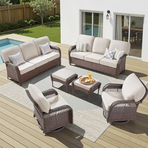 Vista 14 de Sofá de mimbre para patio al aire libre de 75 pulgadas, sofá de ratán para todo tipo de clima, sofá de respaldo alto con asiento profundo y funda