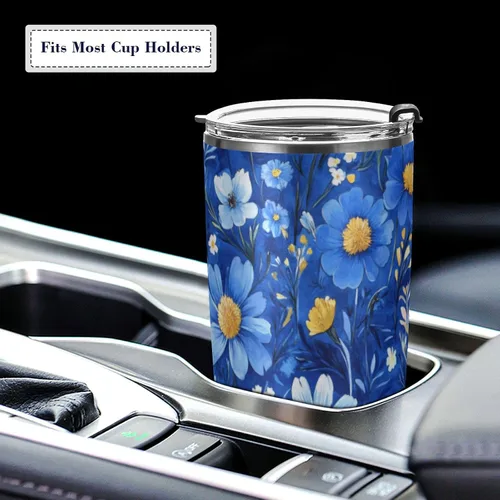 Vista 5 de Taza de café de acero inoxidable con tapa y pajita, con diseño de margaritas vintage y azules, taza de café aislada para bebidas frías y calientes