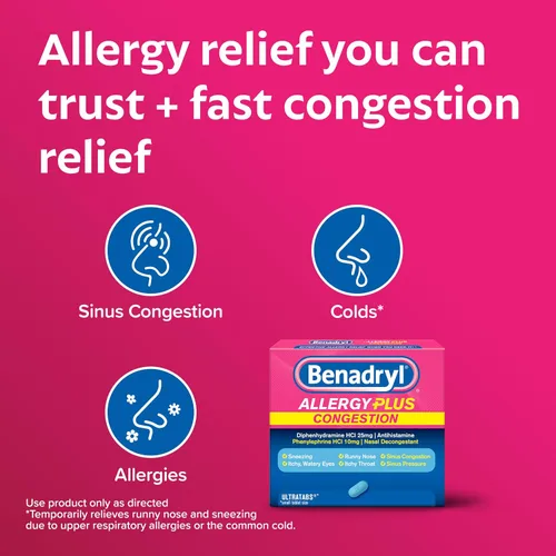 Vista 2 de Benadryl Allergy Plus Congestión Ultratabs, medicamento con difenhidramina HCl antihistamínico y fenilefrina HCl Descongestionante nasal, tabletas