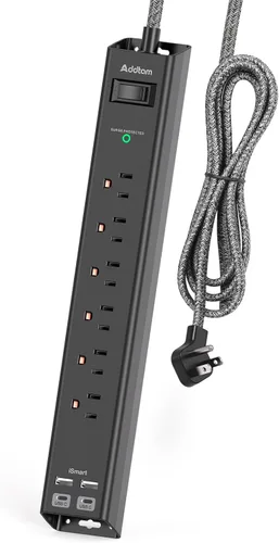 Vista 9 de Addtam Power Strip Surge Protector with 6 AC Outlets 4 USB Ports (2 USB-C), Flat Plug Extension Cord 5ft, Multi Outlet Extender, Wall Mount Desk